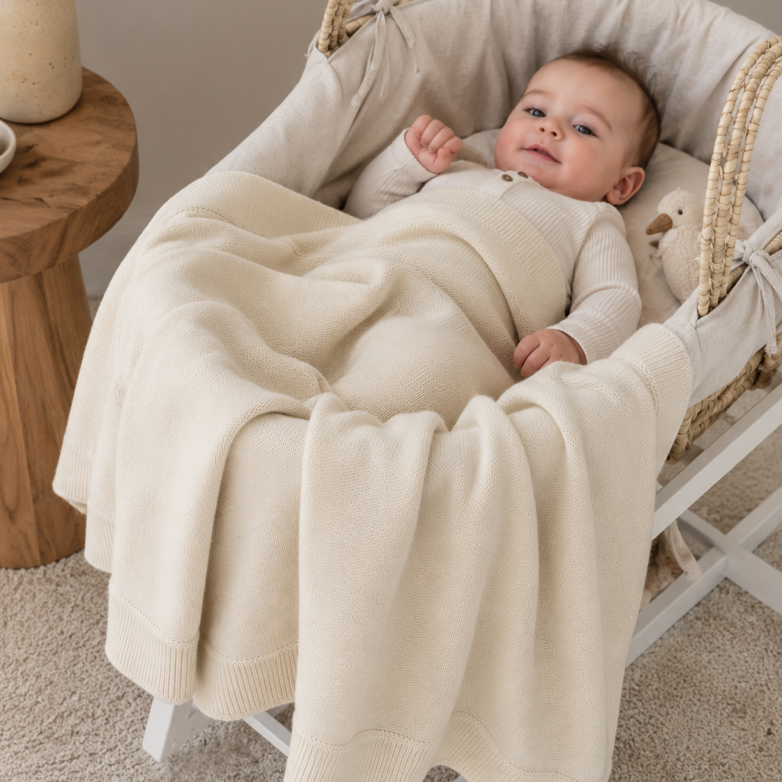 Kaschmir Babydecke super weich und kuschelig für Neugeborene. Ein Baby liegt eingekuschelt mit der Decke in einer Babywiege.