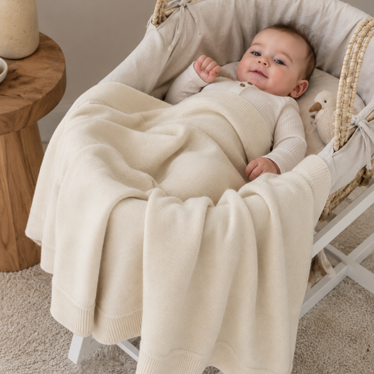 Kaschmir Babydecke super weich und kuschelig für Neugeborene. Ein Baby liegt eingekuschelt mit der Decke in einer Babywiege.