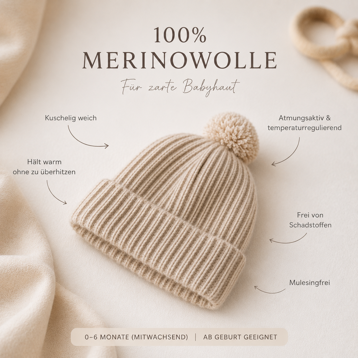 Babymütze mit Bommel – 100% Merinowolle