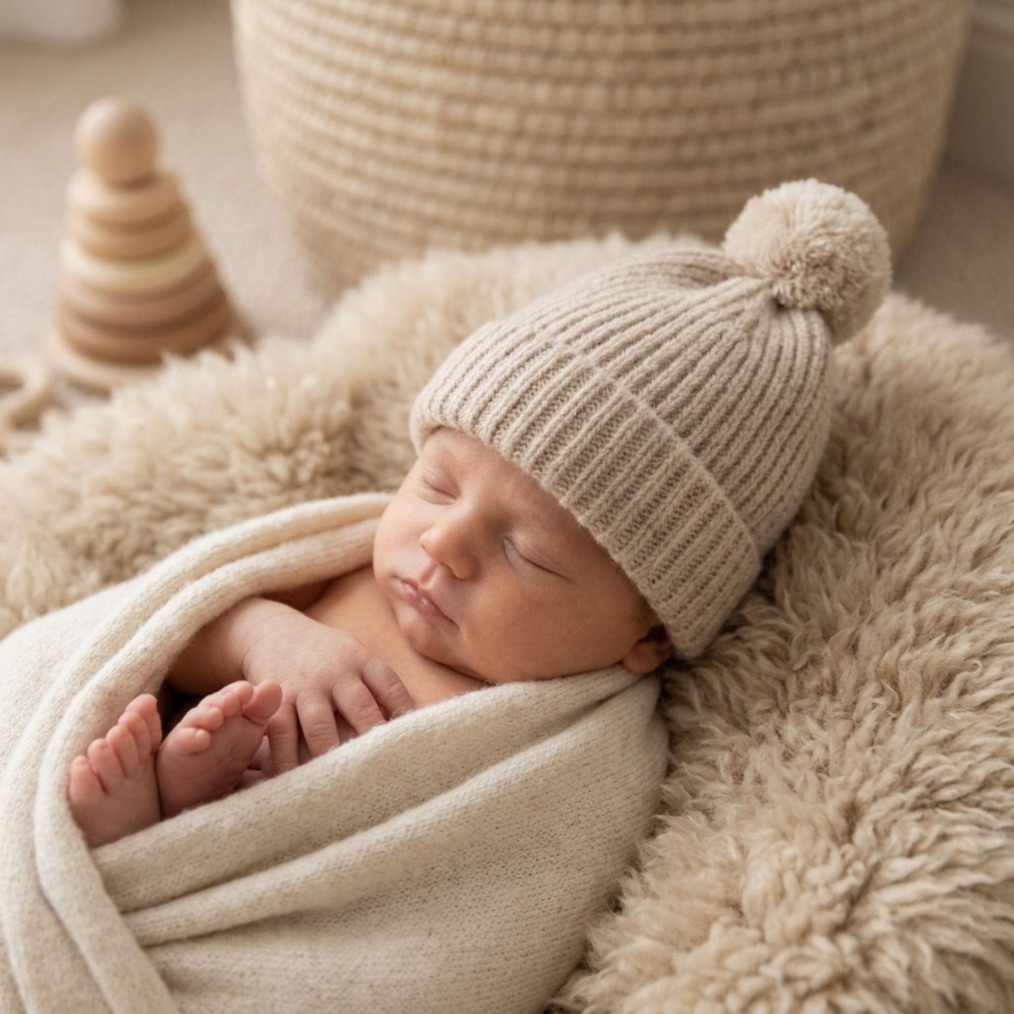 Babymütze mit Bommel – 100% Merinowolle