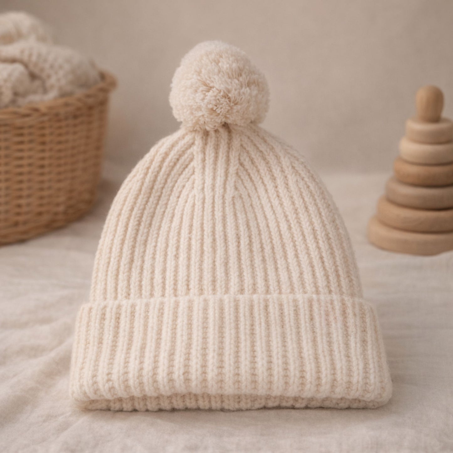 Babymütze mit Bommel – 100% Merinowolle