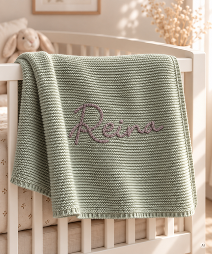 Personalisierte Babydecke aus Bio-Baumwolle mit handgesticktem Namen