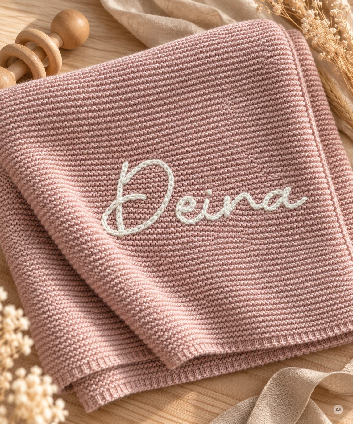 Personalisierte Babydecke aus Bio-Baumwolle mit handgesticktem Namen