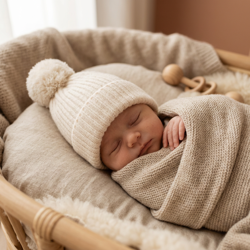 Babymütze mit Bommel – 100% Merinowolle