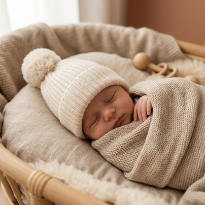 Babymütze mit Bommel – 100% Merinowolle