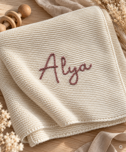 Personalisierte Babydecke aus Bio-Baumwolle mit handgesticktem Namen