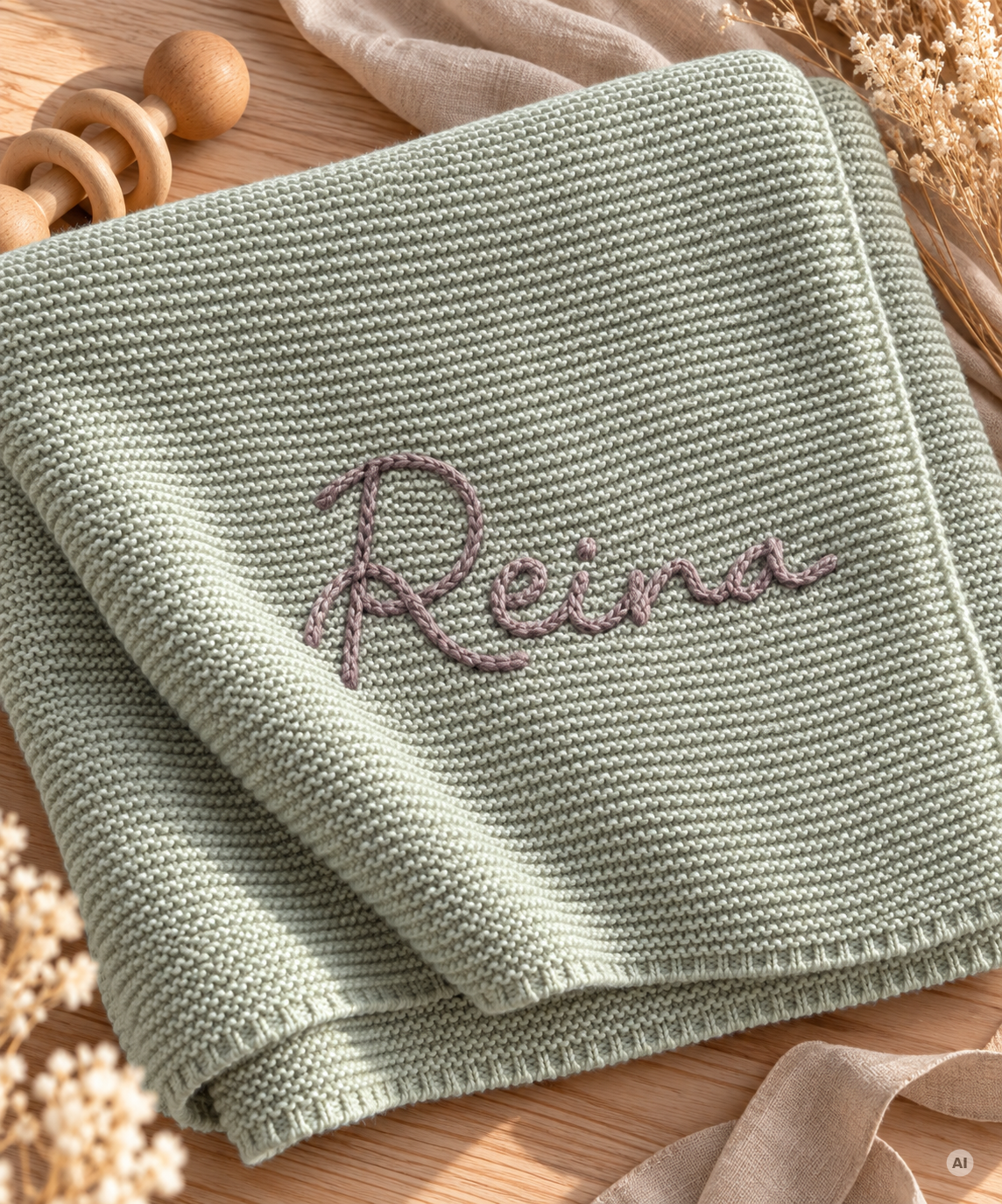 Personalisierte Babydecke aus Bio-Baumwolle mit handgesticktem Namen