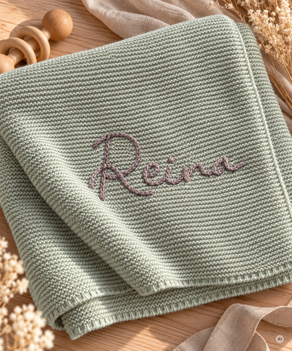 Personalisierte Babydecke aus Bio-Baumwolle mit handgesticktem Namen