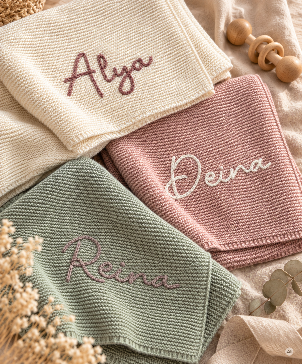 Personalisierte Babydecke aus Bio-Baumwolle mit handgesticktem Namen