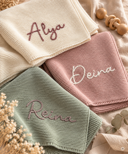 Personalisierte Babydecke aus Bio-Baumwolle mit handgesticktem Namen